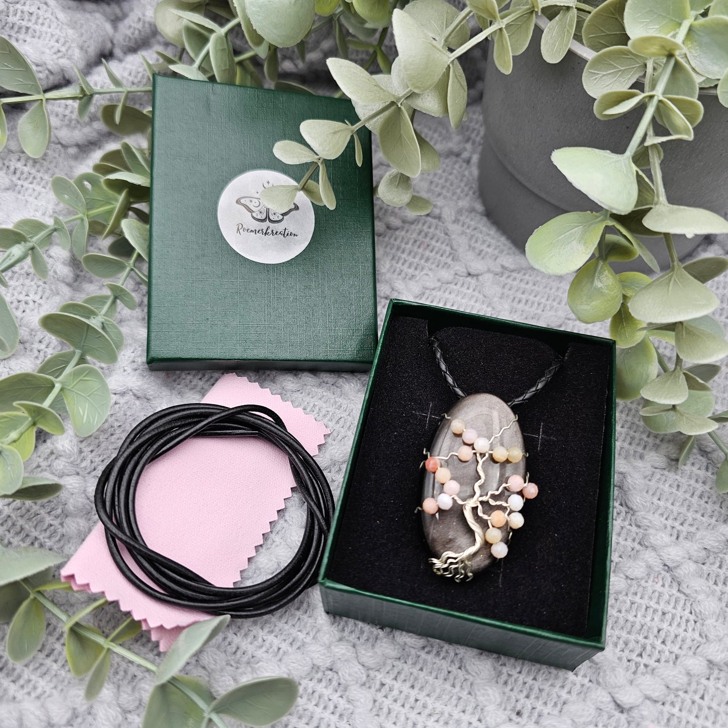 Silber-Obsidian & Pinkopal Kirschblüte Lebensbaum Anhänger | Schmuckdraht | Edelstein Halskette