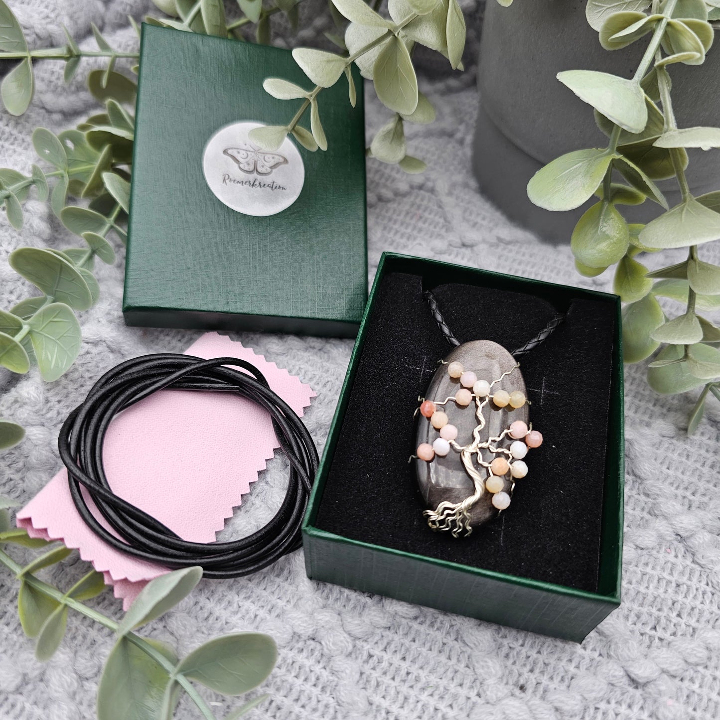 Silber-Obsidian & Pinkopal Kirschblüte Lebensbaum Anhänger | Schmuckdraht | Edelstein Halskette