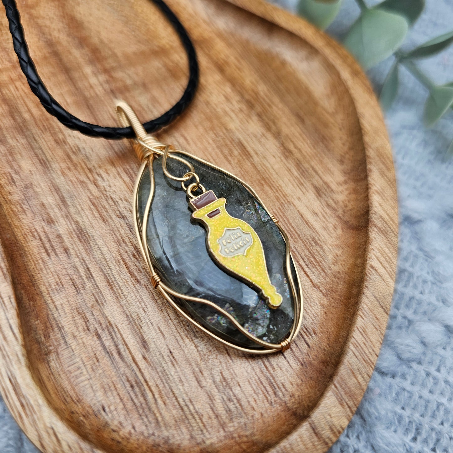 Labradorit & Glückstrank Anhänger | Schmuckdraht | Edelstein Halskette