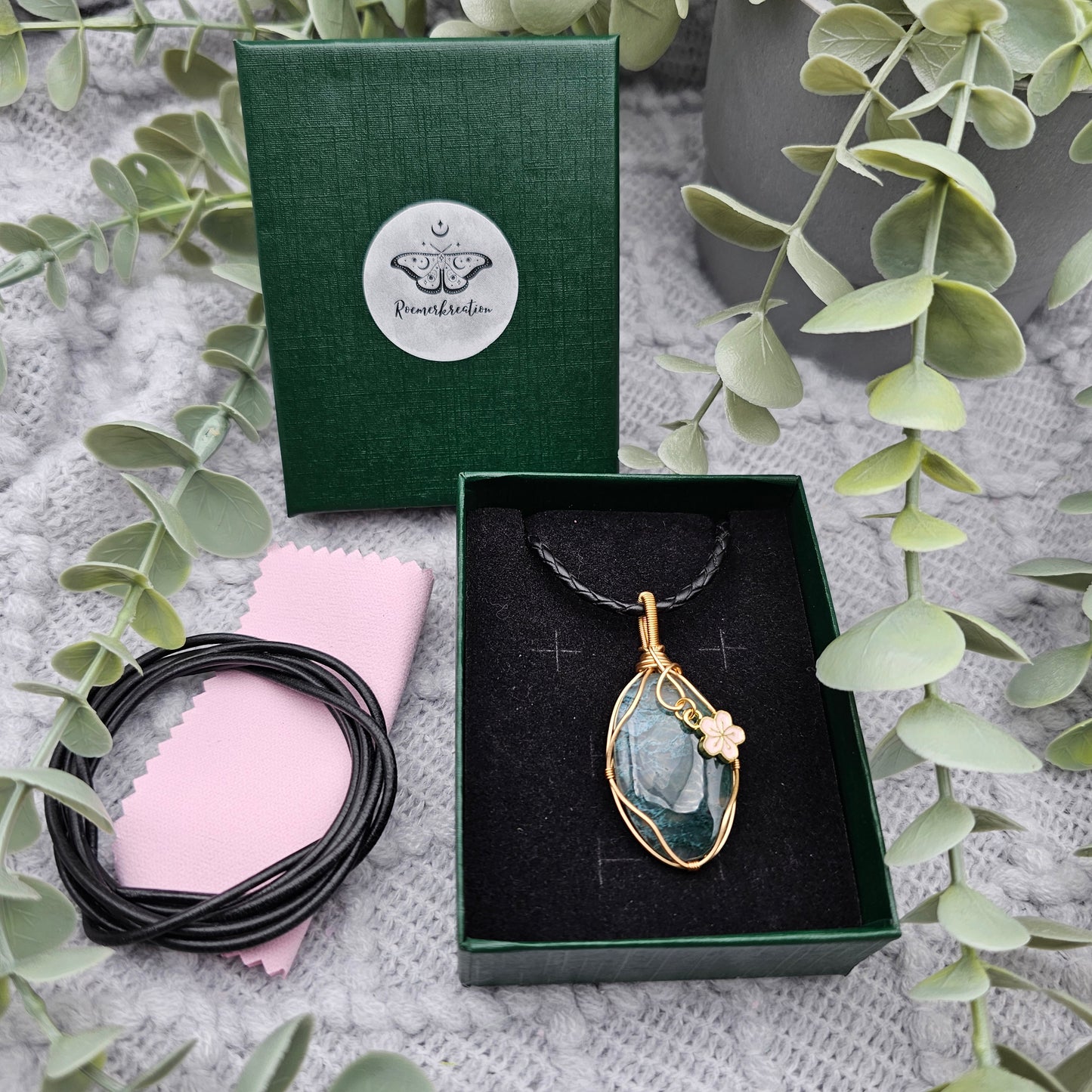 Moosachat & Sakura Anhänger | Schmuckdraht | Edelstein Halskette