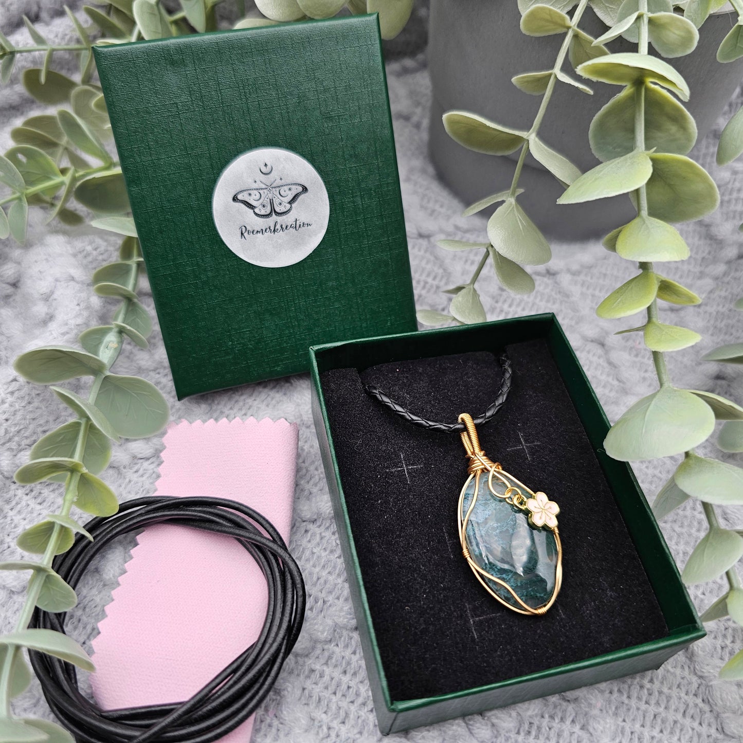 Moosachat & Sakura Anhänger | Schmuckdraht | Edelstein Halskette