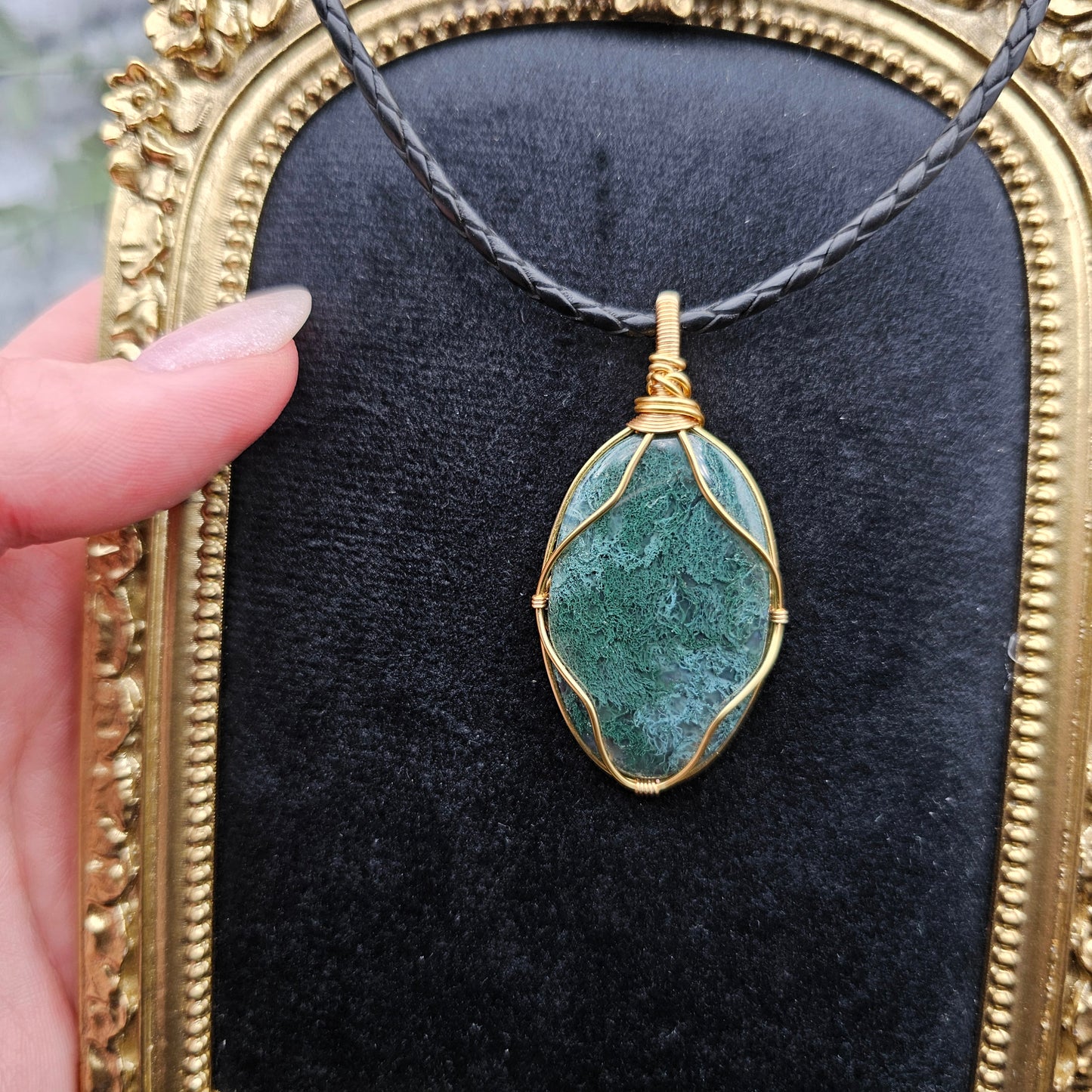 Moosachat Anhänger | Schmuckdraht | Edelstein Halskette