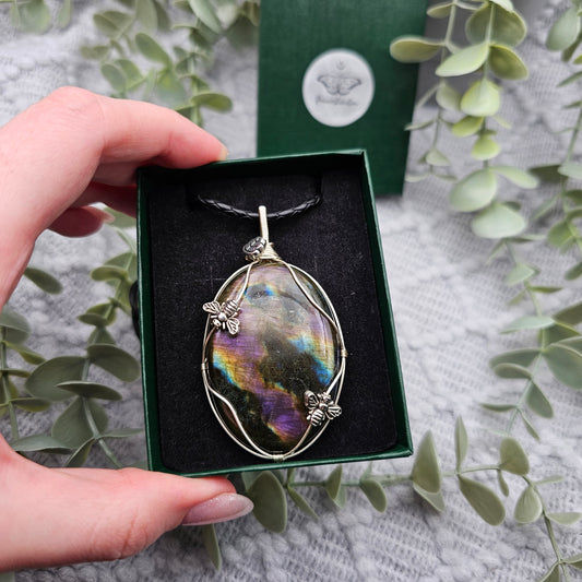 Labradorit & Bienen Anhänger | Schmuckdraht | Edelstein Halskette