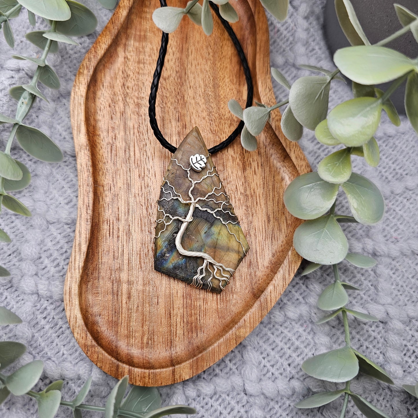 Labradorit roh Platte Lebensbaum Anhänger | Schmuckdraht | Edelstein Halskette