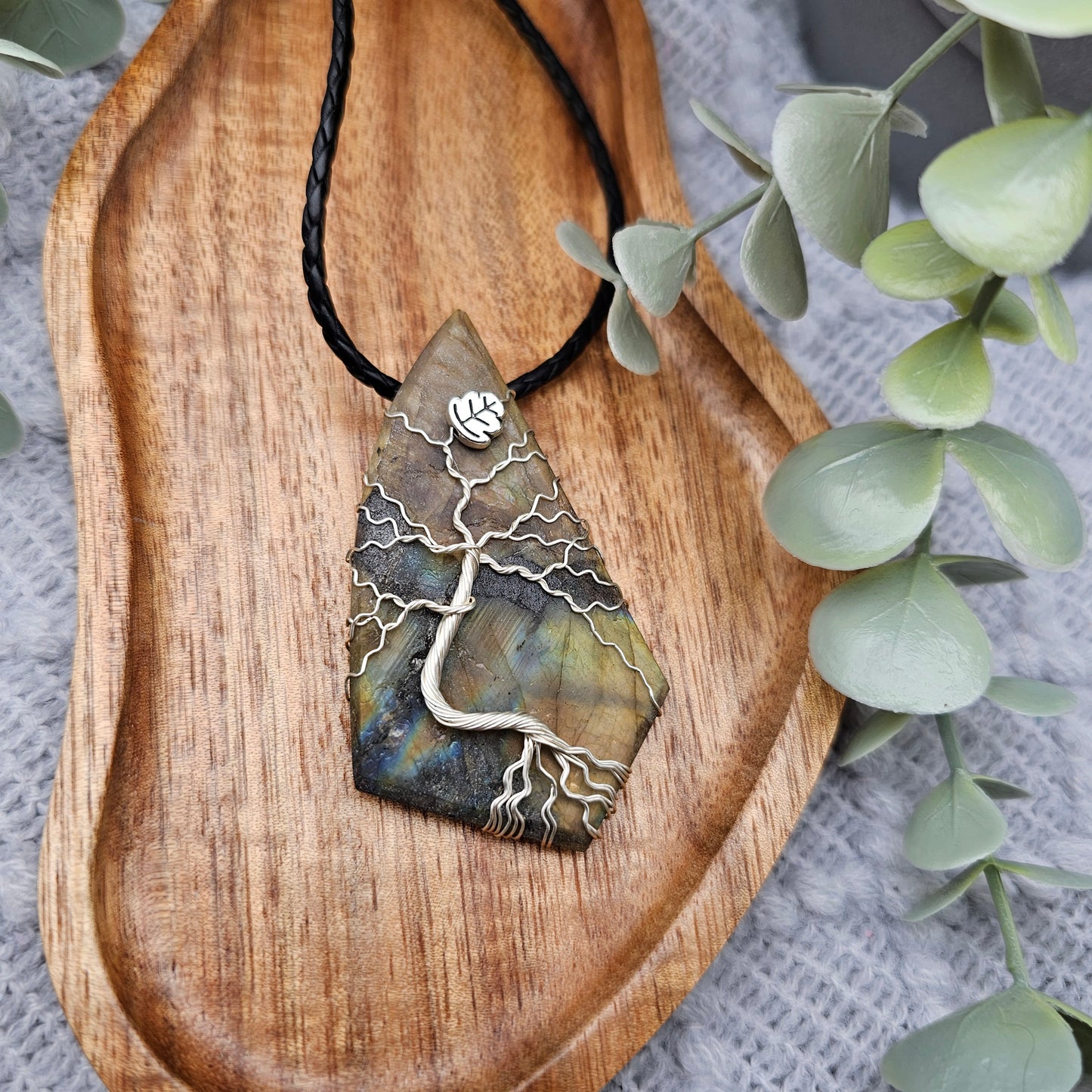 Labradorit roh Platte Lebensbaum Anhänger | Schmuckdraht | Edelstein Halskette