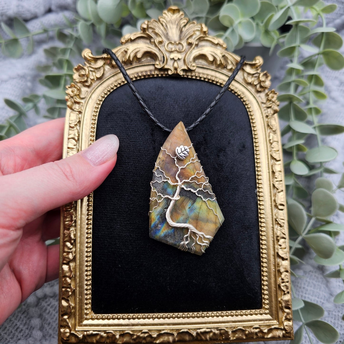 Labradorit roh Platte Lebensbaum Anhänger | Schmuckdraht | Edelstein Halskette