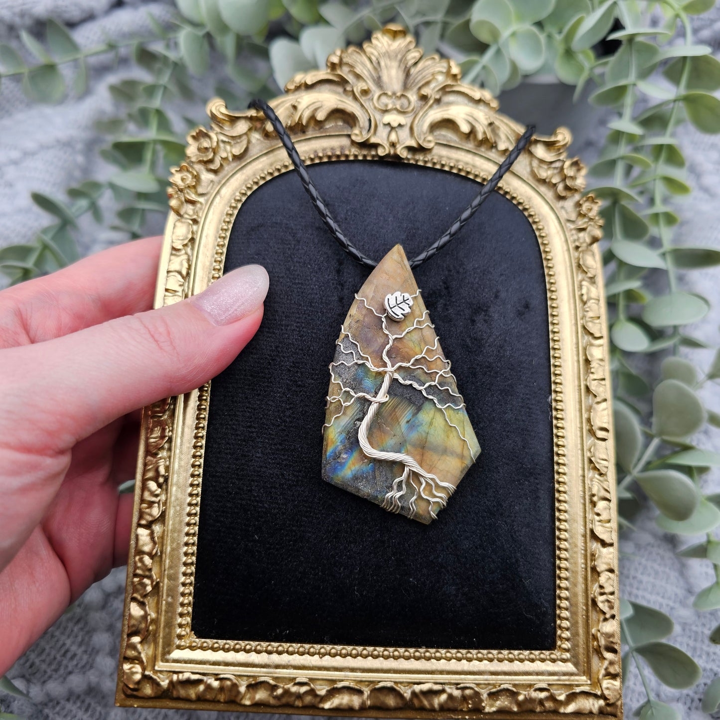 Labradorit roh Platte Lebensbaum Anhänger | Schmuckdraht | Edelstein Halskette