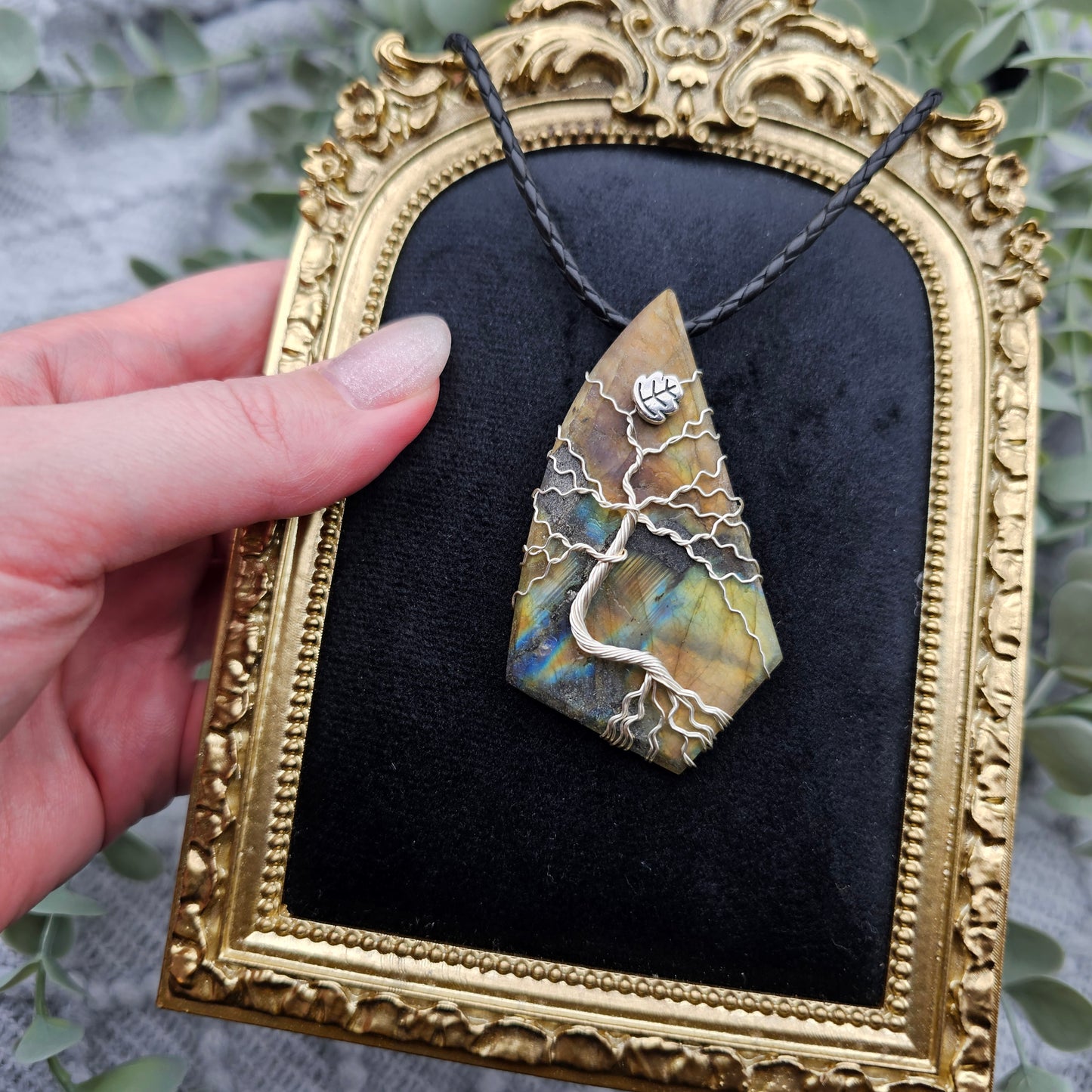 Labradorit roh Platte Lebensbaum Anhänger | Schmuckdraht | Edelstein Halskette