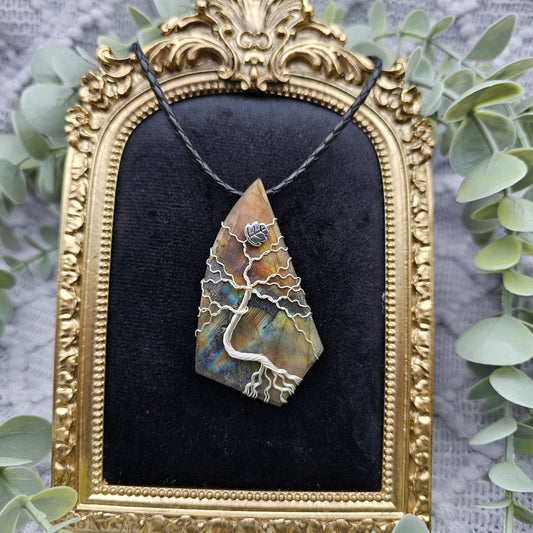 Labradorit roh Platte Lebensbaum Anhänger | Schmuckdraht | Edelstein Halskette