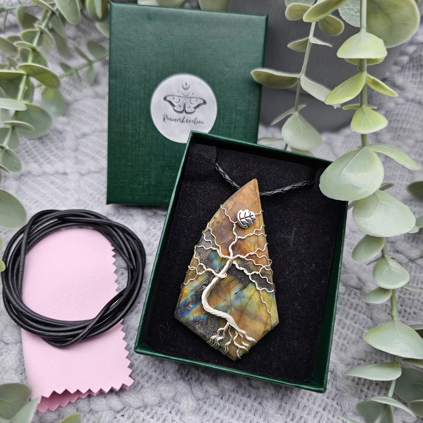 Labradorit roh Platte Lebensbaum Anhänger | Schmuckdraht | Edelstein Halskette