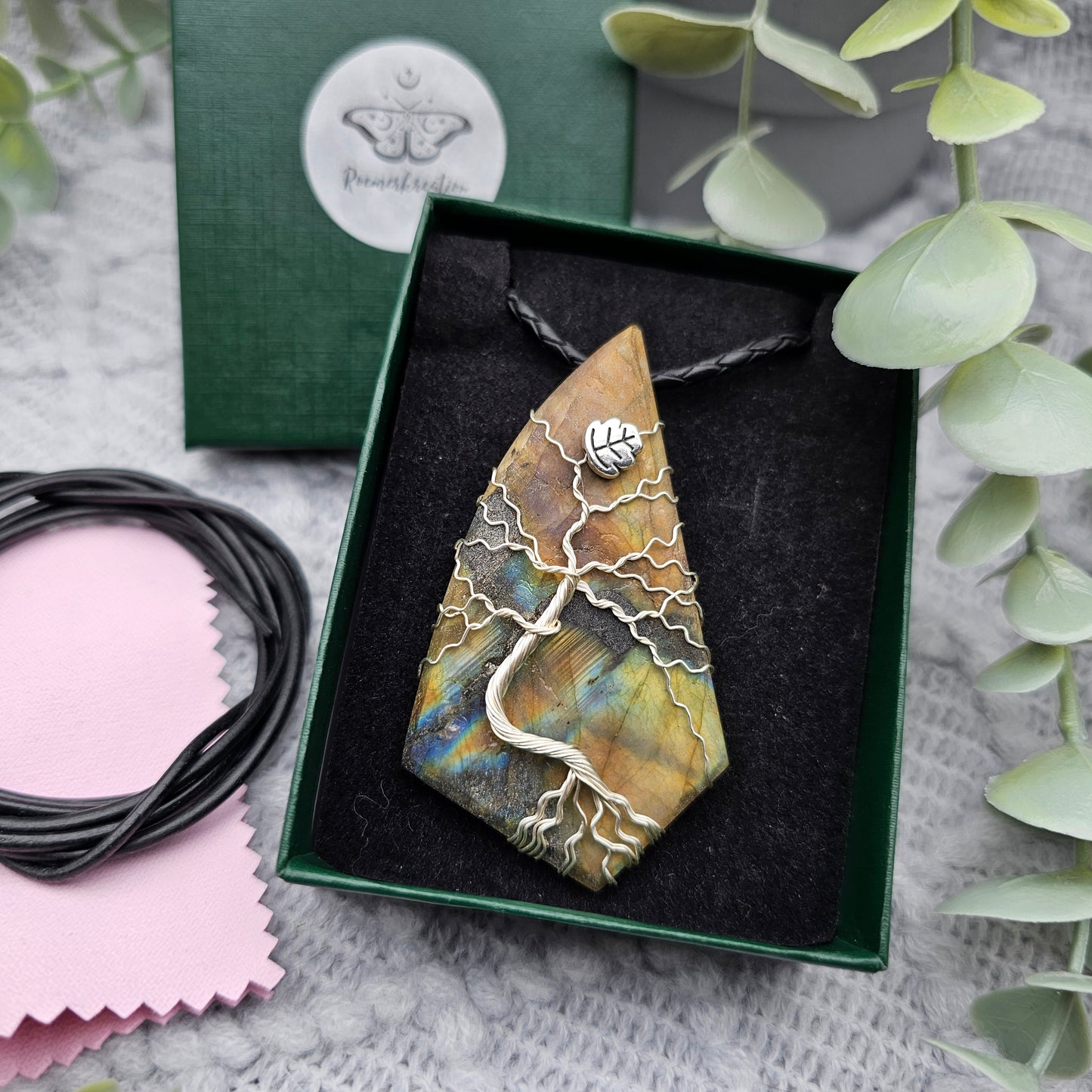 Labradorit roh Platte Lebensbaum Anhänger | Schmuckdraht | Edelstein Halskette