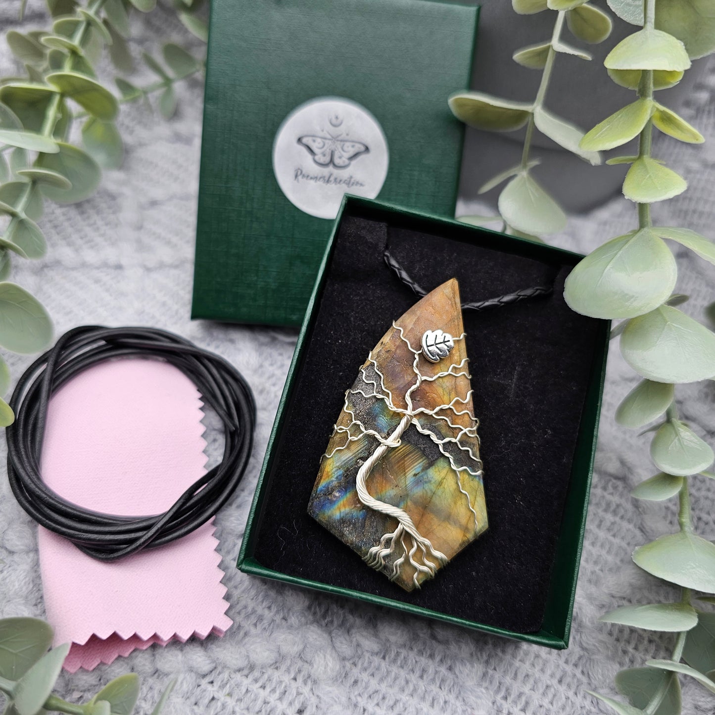 Labradorit roh Platte Lebensbaum Anhänger | Schmuckdraht | Edelstein Halskette