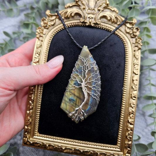 Labradorit roh Platte Lebensbaum Anhänger | Schmuckdraht | Edelstein Halskette