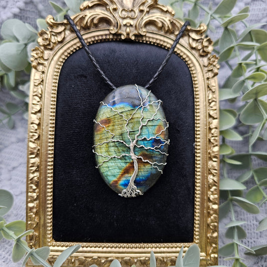 Labradorit Lebensbaum Anhänger | Schmuckdraht | Edelstein Halskette