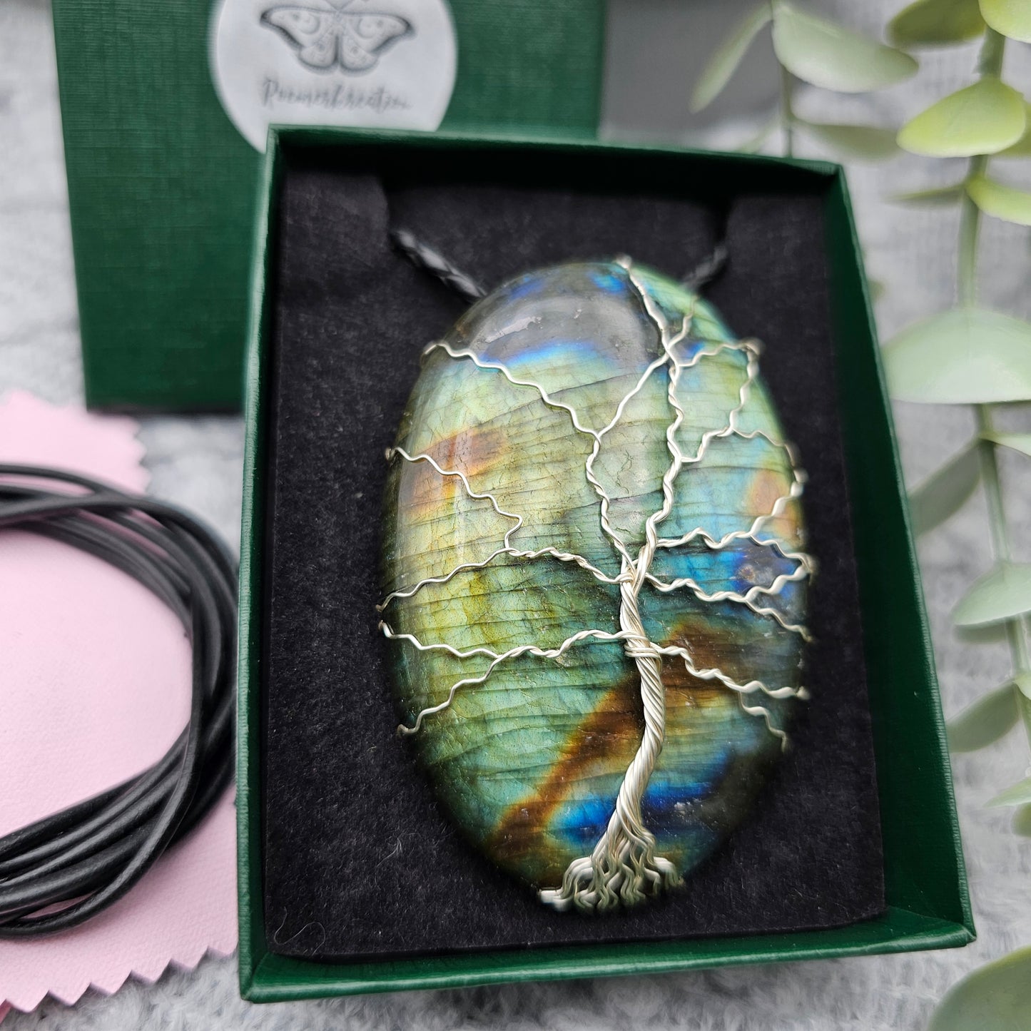 Labradorit Lebensbaum Anhänger | Schmuckdraht | Edelstein Halskette