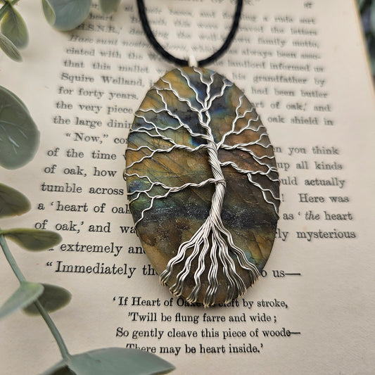 Labradorit roh Platte Lebensbaum Anhänger | Schmuckdraht | Edelstein Halskette