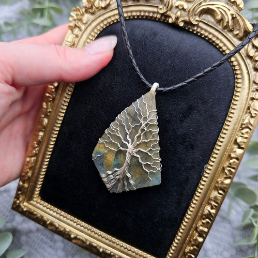 Labradorit roh Platte Lebensbaum Anhänger | Schmuckdraht | Edelstein Halskette