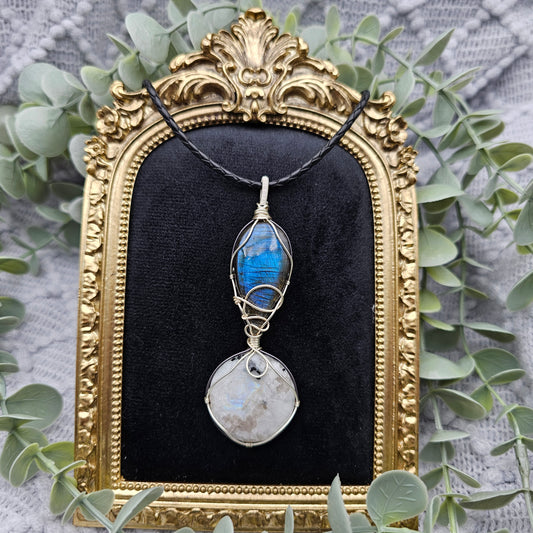 Labradorit & Regenbogen Mondstein Anhänger | Schmuckdraht | Edelstein Halskette