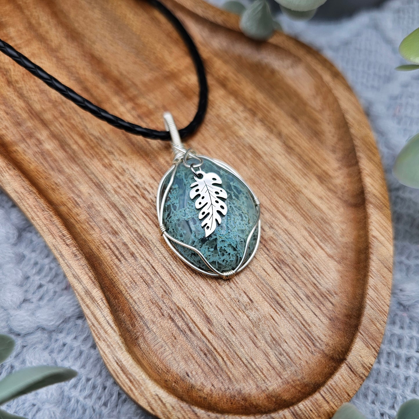 Moosachat & Blatt Anhänger | Schmuckdraht | Edelstein Halskette