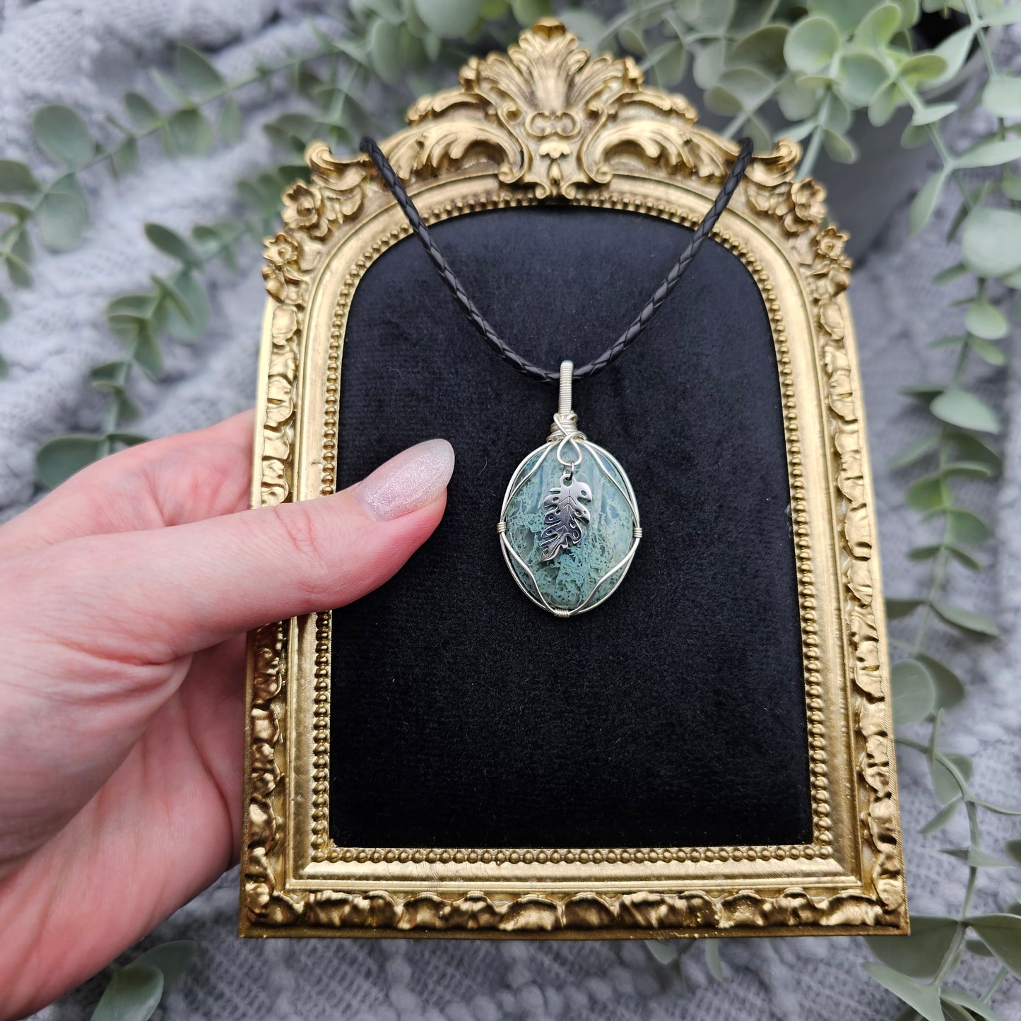 Moosachat & Blatt Anhänger | Schmuckdraht | Edelstein Halskette