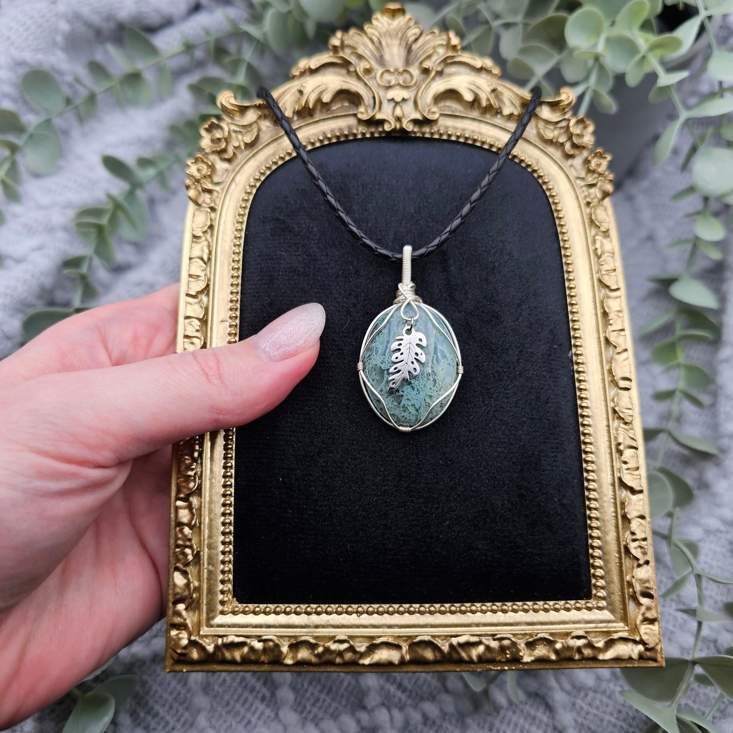 Moosachat & Blatt Anhänger | Schmuckdraht | Edelstein Halskette