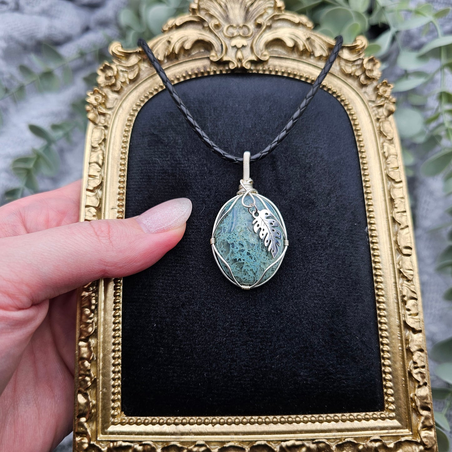 Moosachat & Blatt Anhänger | Schmuckdraht | Edelstein Halskette