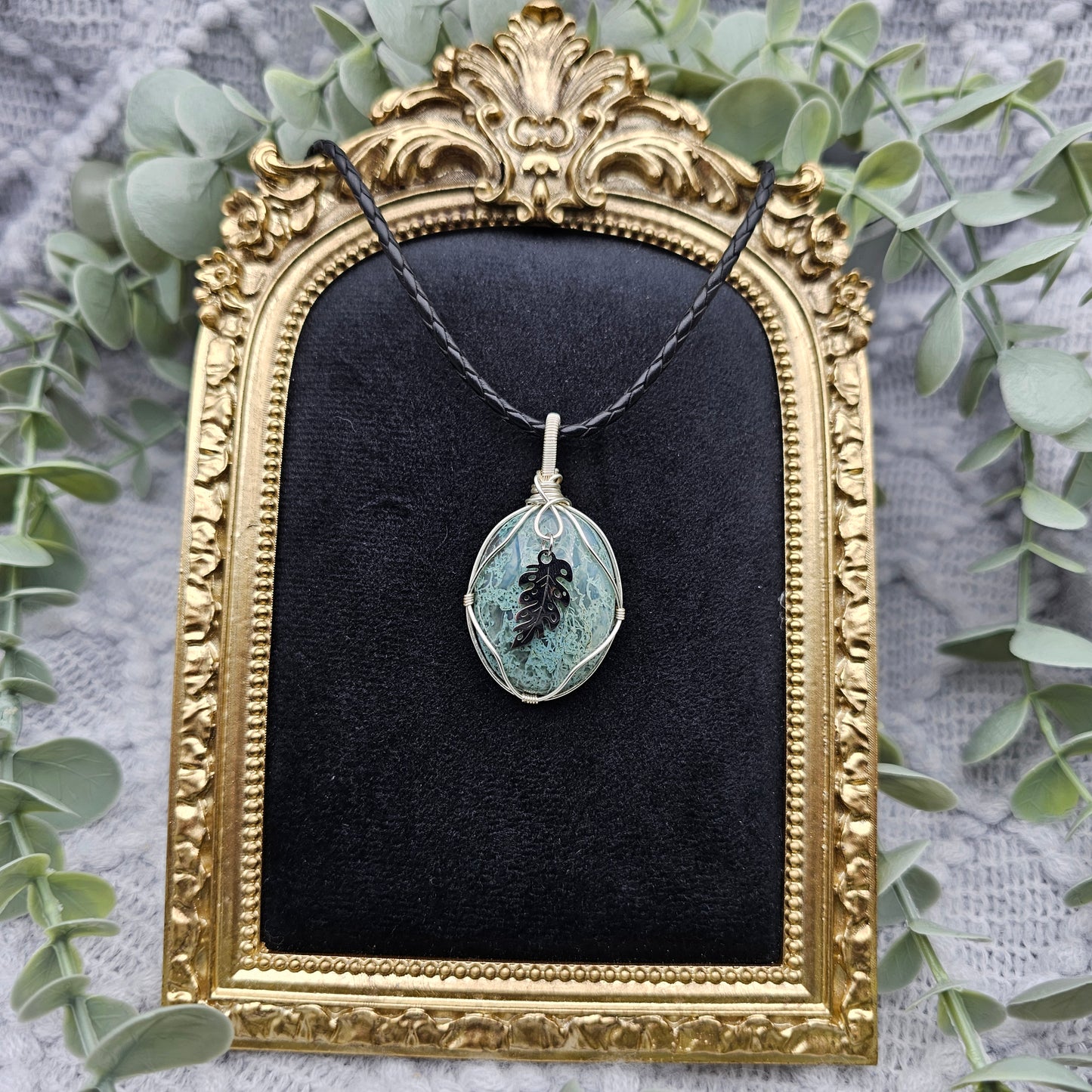 Moosachat & Blatt Anhänger | Schmuckdraht | Edelstein Halskette