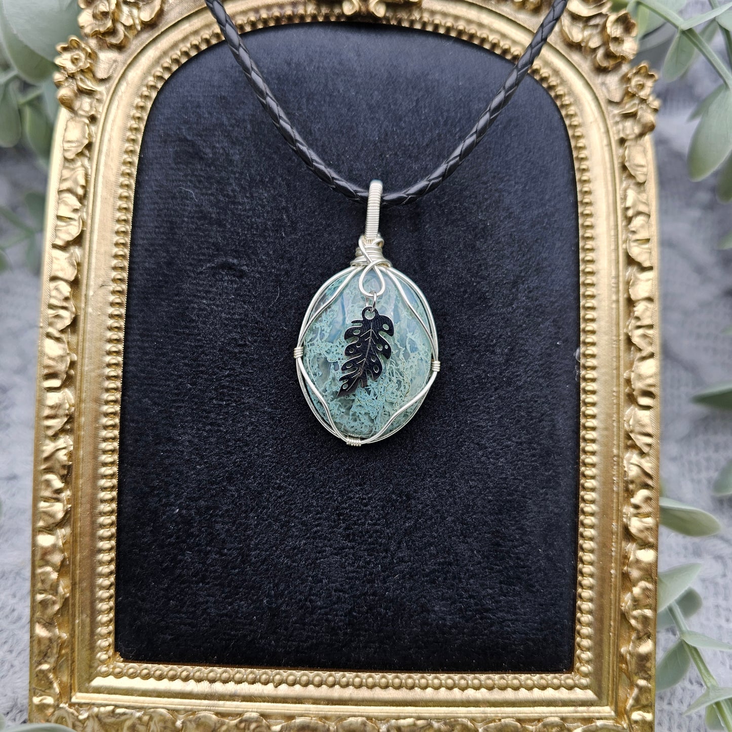 Moosachat & Blatt Anhänger | Schmuckdraht | Edelstein Halskette