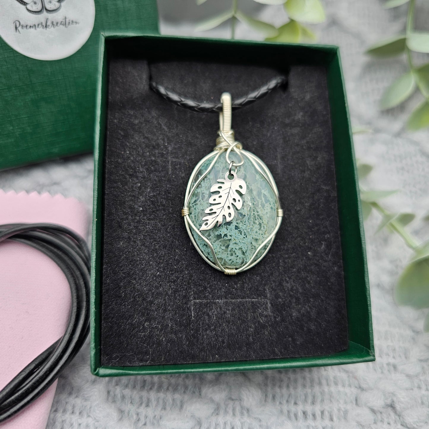 Moosachat & Blatt Anhänger | Schmuckdraht | Edelstein Halskette