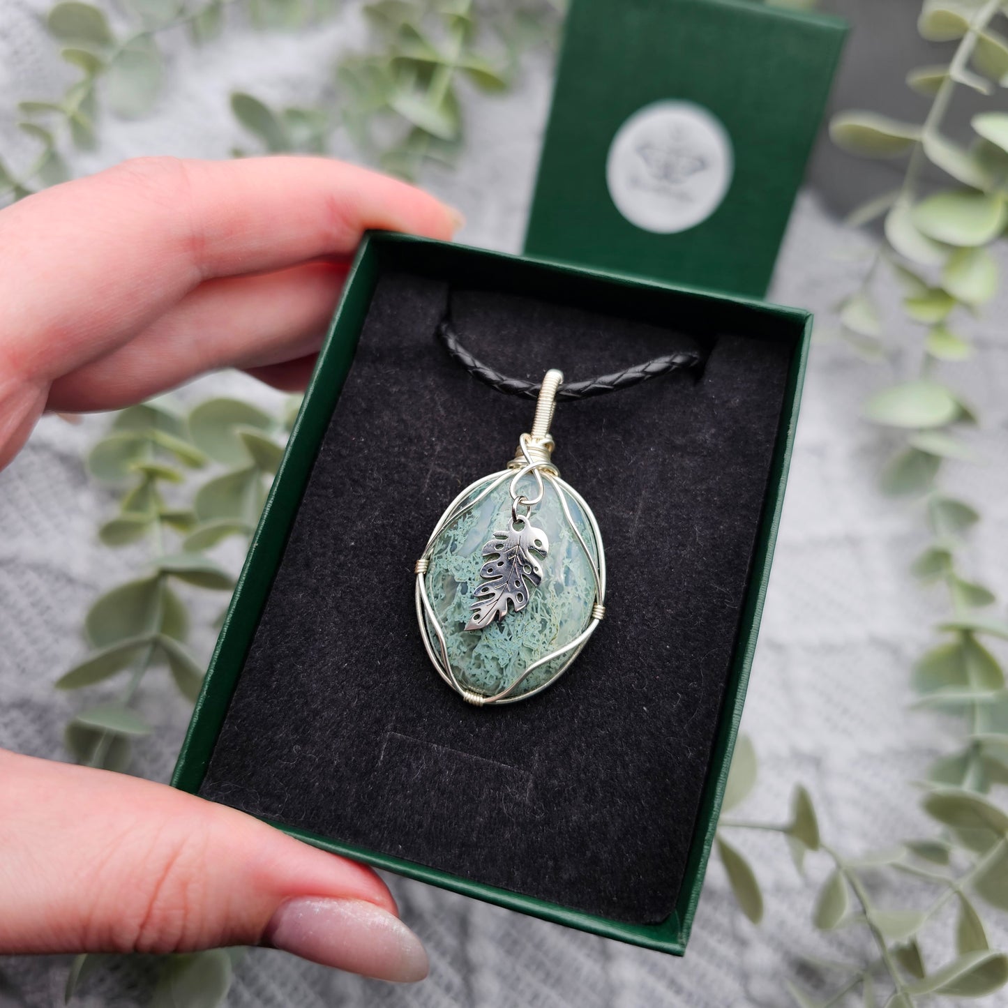 Moosachat & Blatt Anhänger | Schmuckdraht | Edelstein Halskette