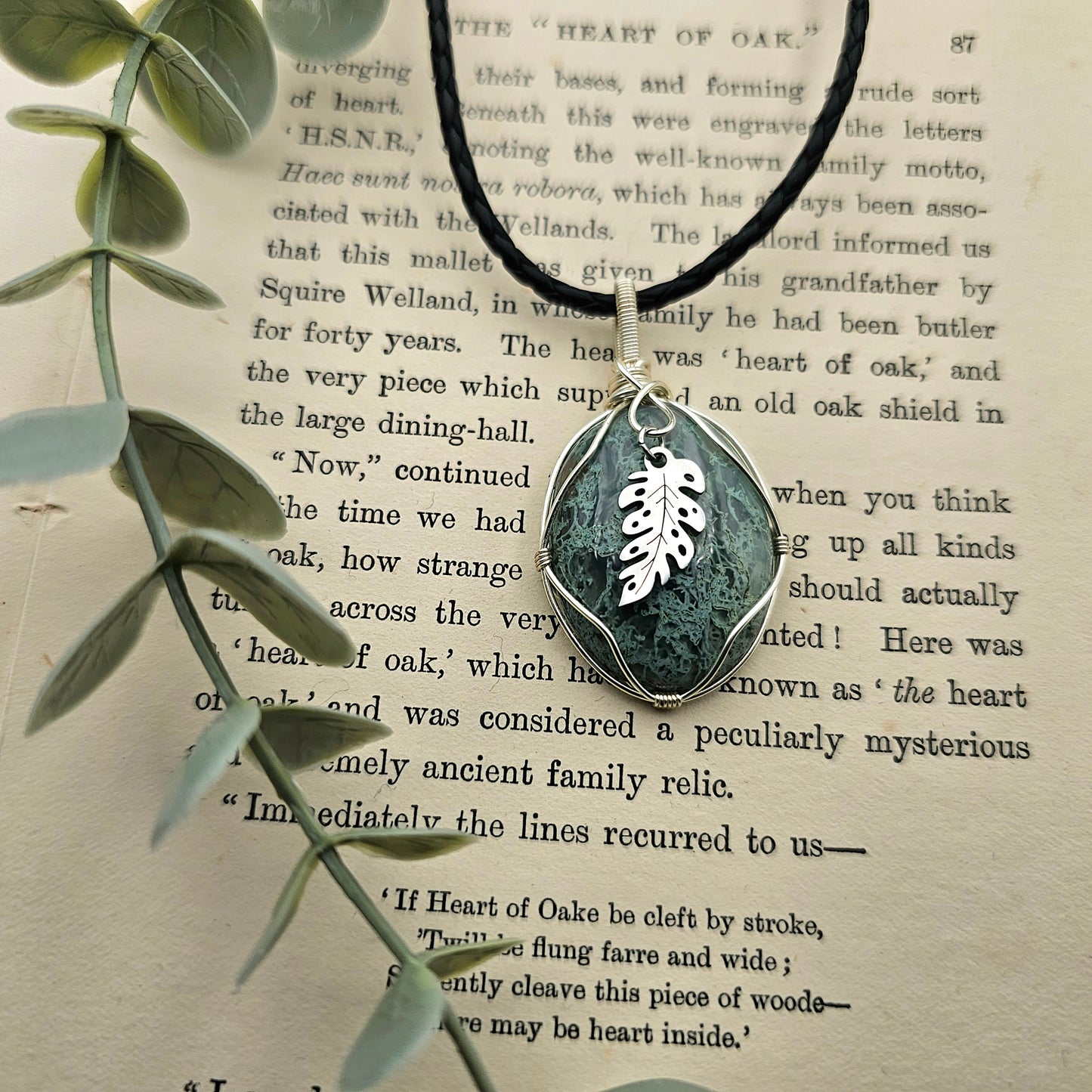 Moosachat & Blatt Anhänger | Schmuckdraht | Edelstein Halskette