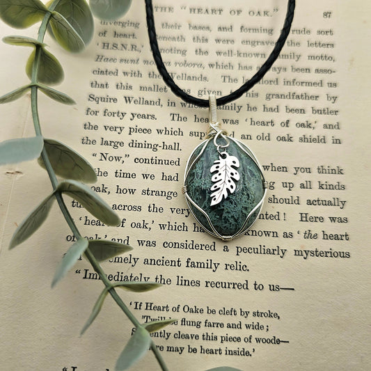 Moosachat & Blatt Anhänger | Schmuckdraht | Edelstein Halskette