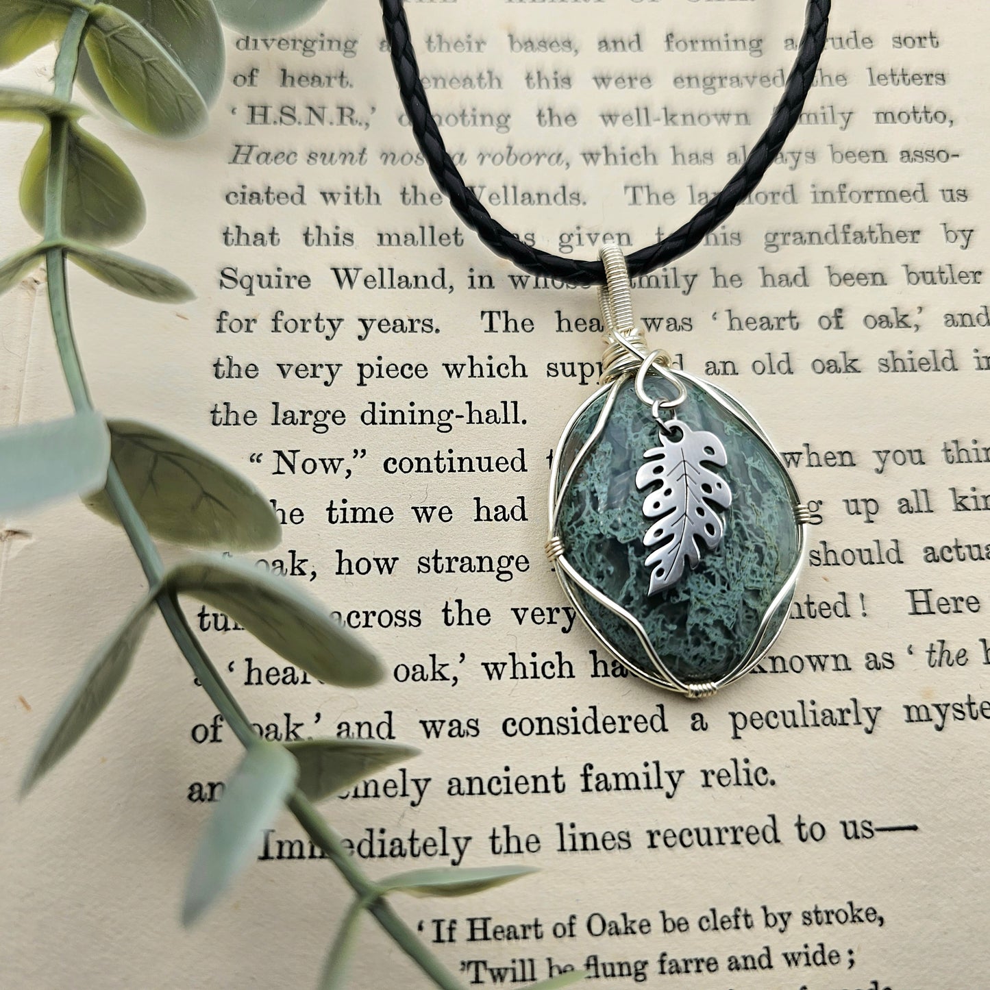 Moosachat & Blatt Anhänger | Schmuckdraht | Edelstein Halskette