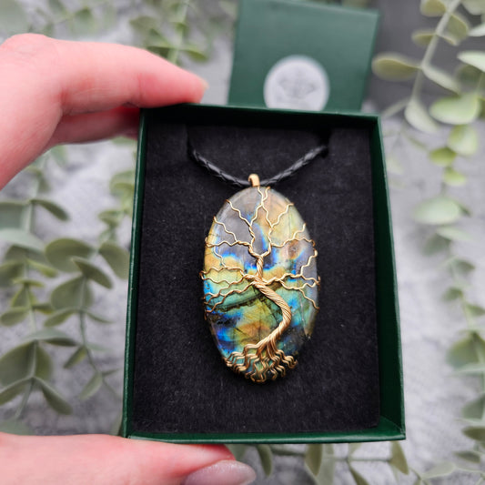 Labradorit Lebensbaum Anhänger | Schmuckdraht | Edelstein Halskette