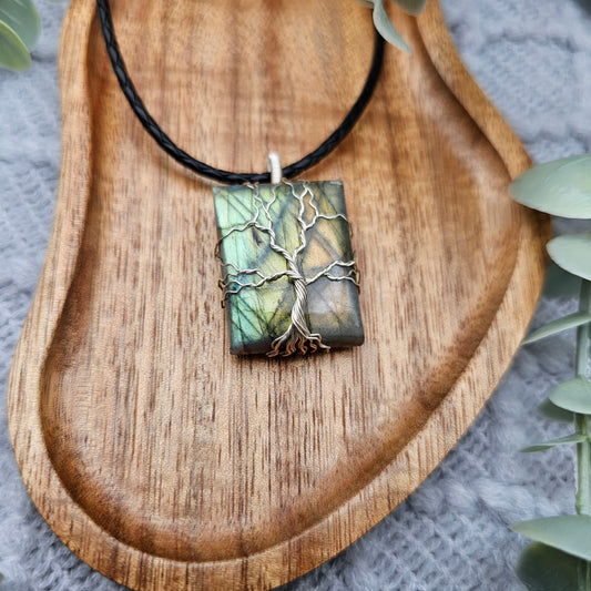 Labradorit Lebensbaum Anhänger | Schmuckdraht | Edelstein Halskette