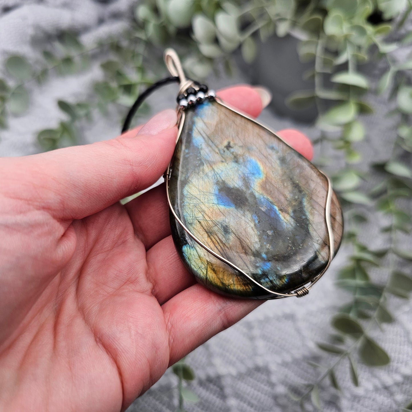 Labradorite with Onyx & Pyrite Statement Pendant | 925 Silver | Gemstone Necklace