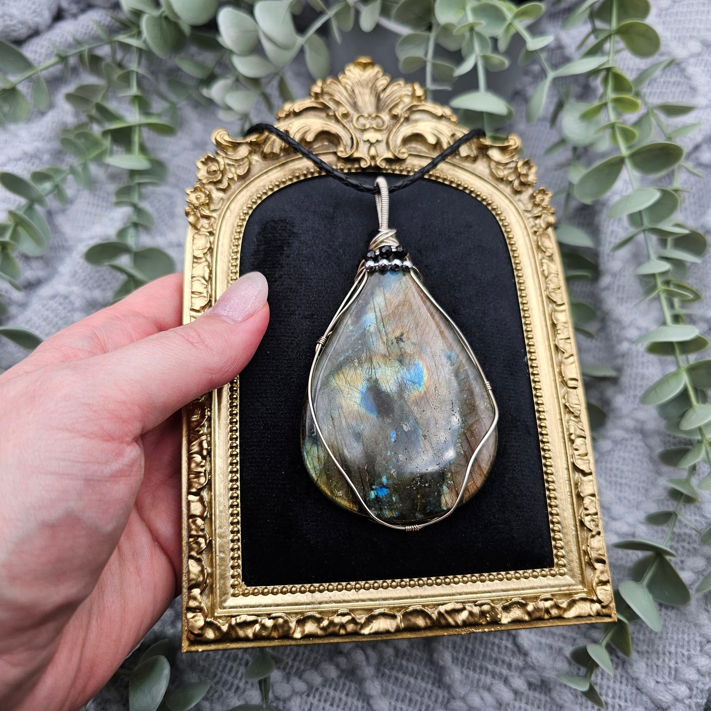 Labradorite with Onyx & Pyrite Statement Pendant | 925 Silver | Gemstone Necklace
