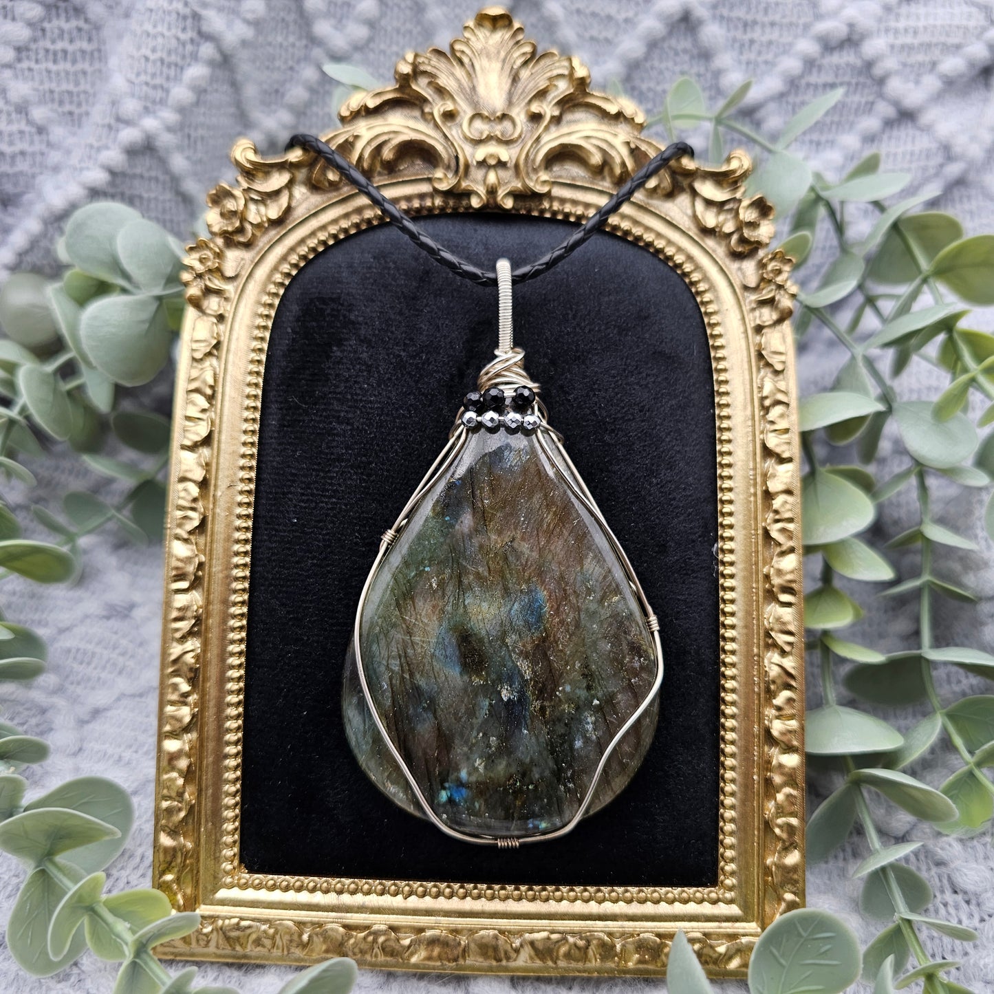 Labradorite with Onyx & Pyrite Statement Pendant | 925 Silver | Gemstone Necklace