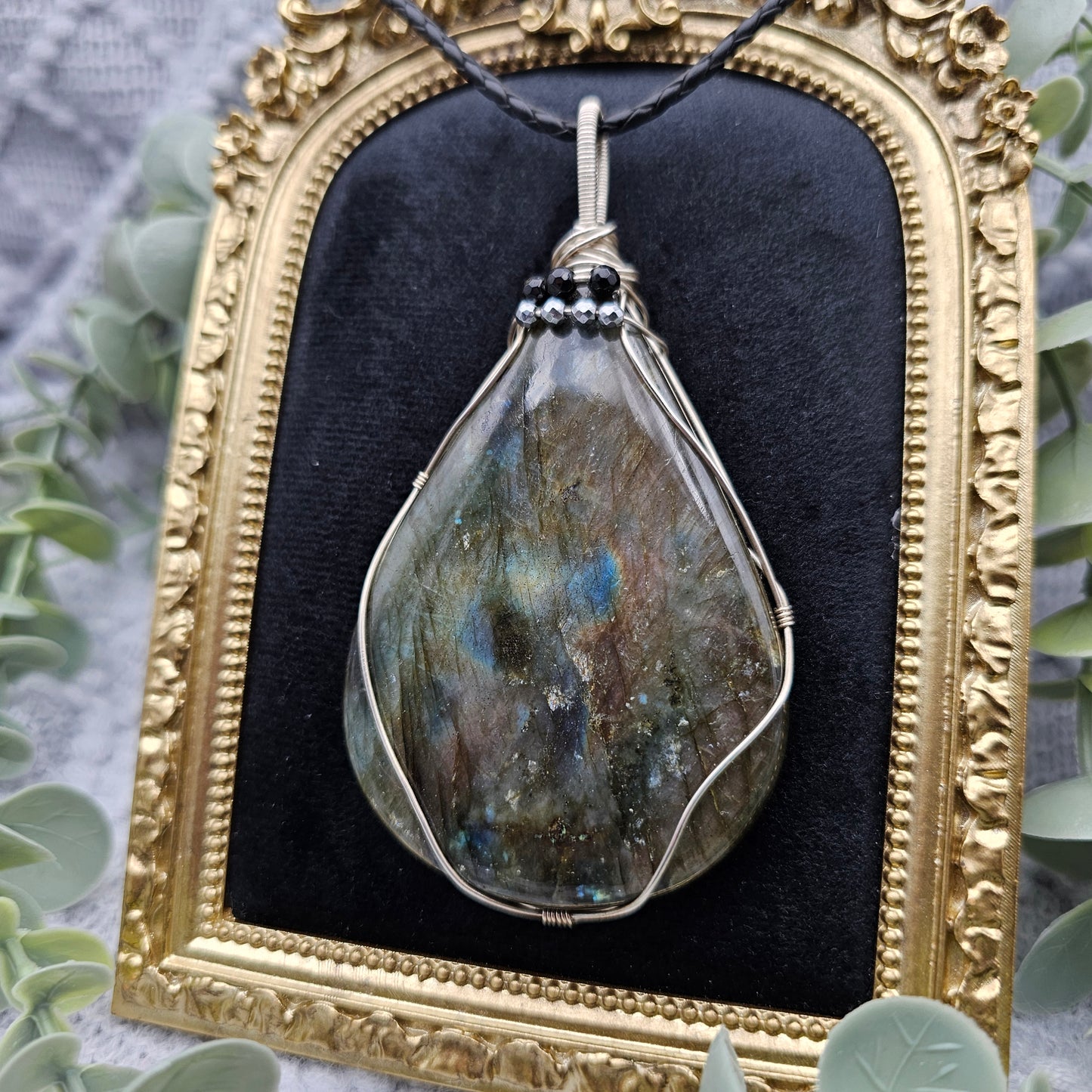 Labradorite with Onyx & Pyrite Statement Pendant | 925 Silver | Gemstone Necklace
