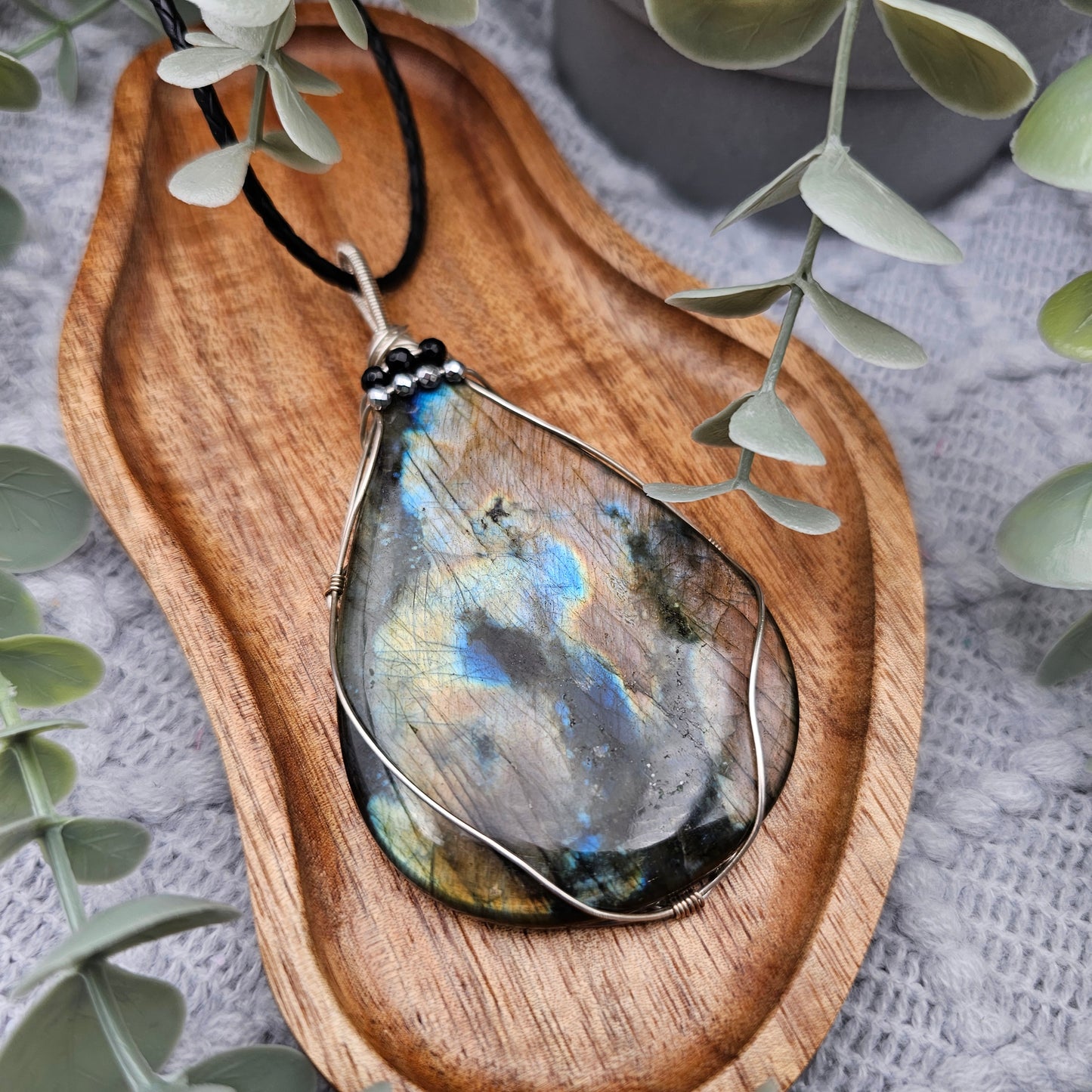 Labradorite with Onyx & Pyrite Statement Pendant | 925 Silver | Gemstone Necklace