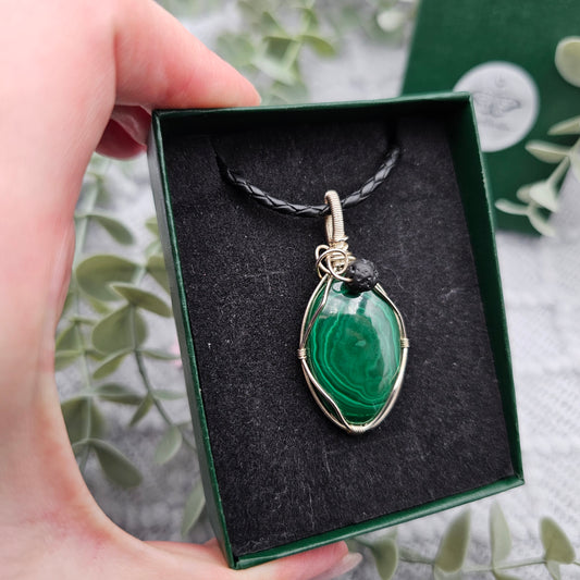 Malachite & Lava Pendant | 925 Silver | Gemstone Necklace