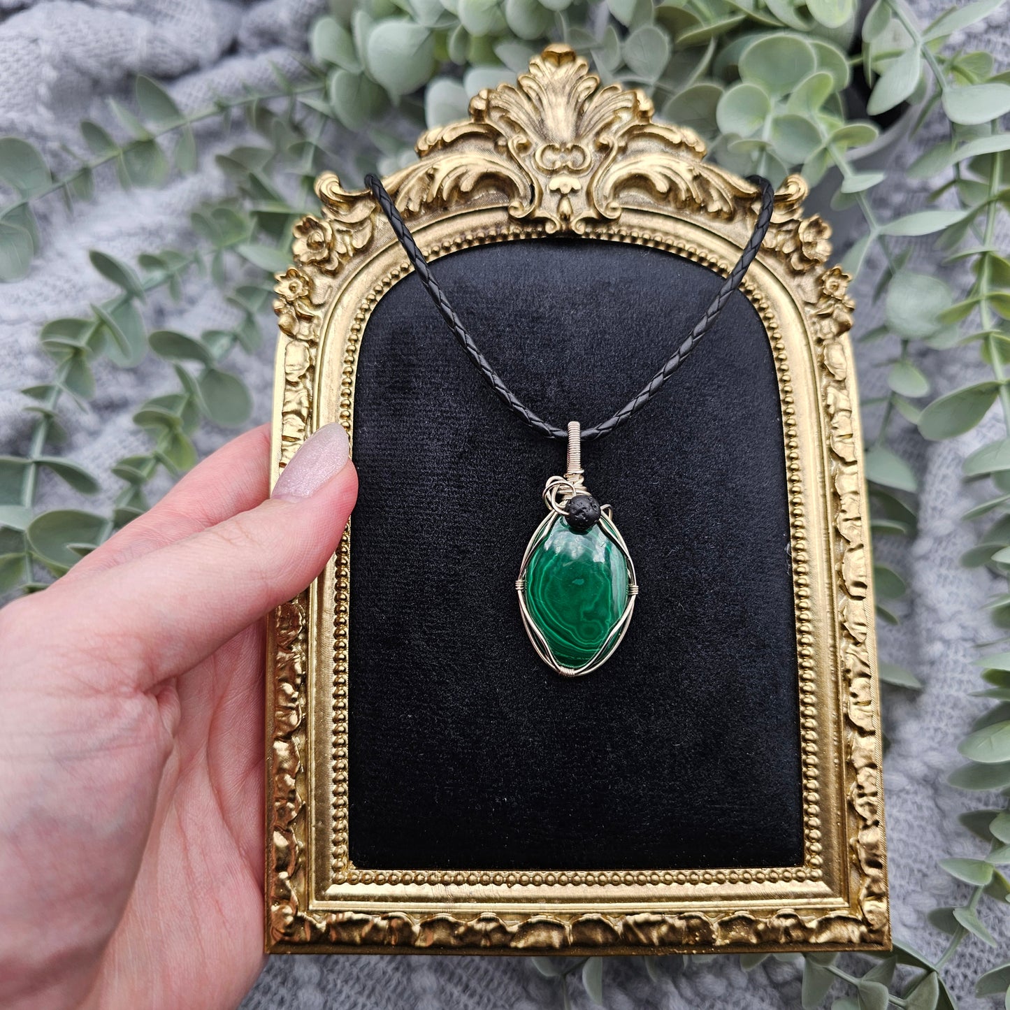 Malachite & Lava Pendant | 925 Silver | Gemstone Necklace