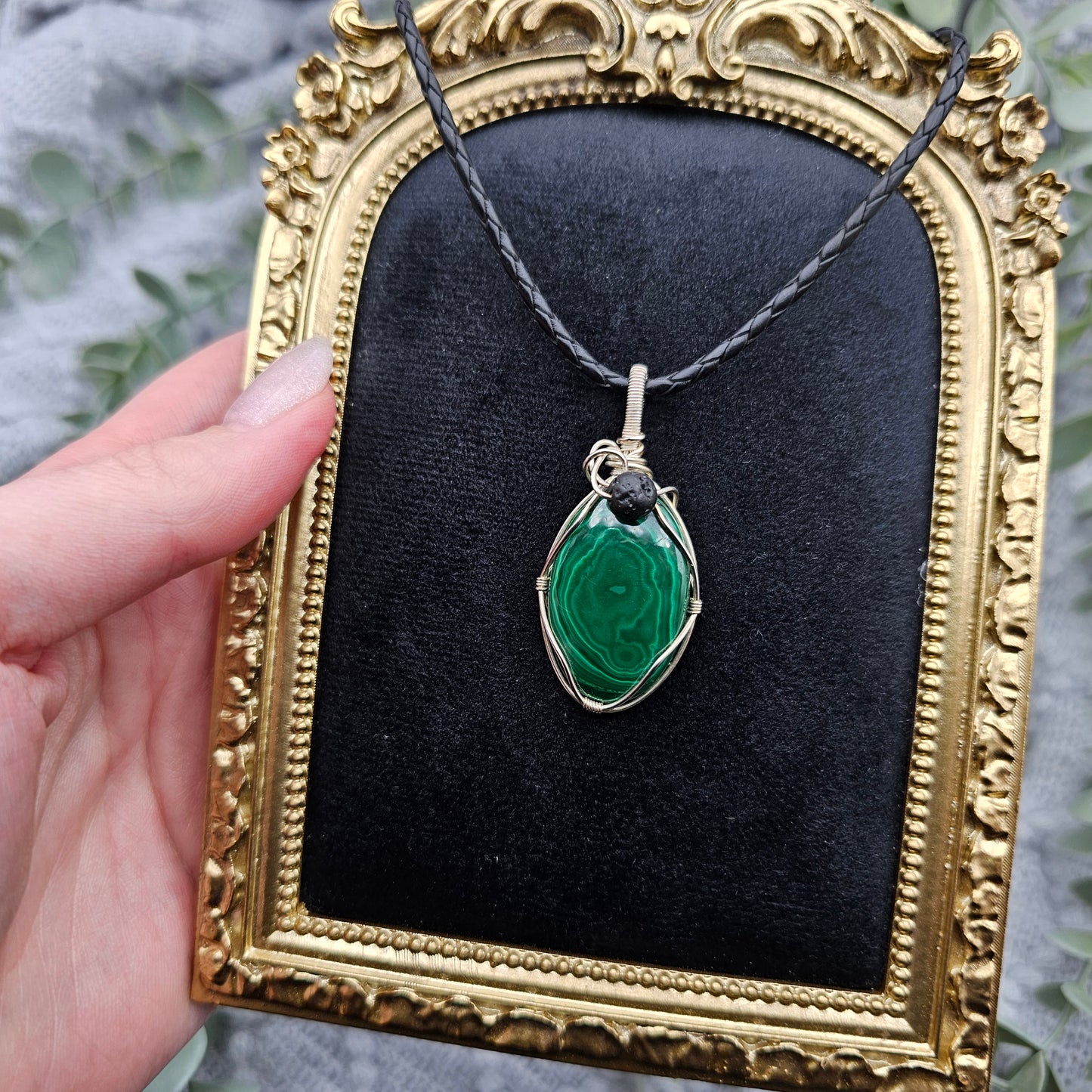 Malachite & Lava Pendant | 925 Silver | Gemstone Necklace