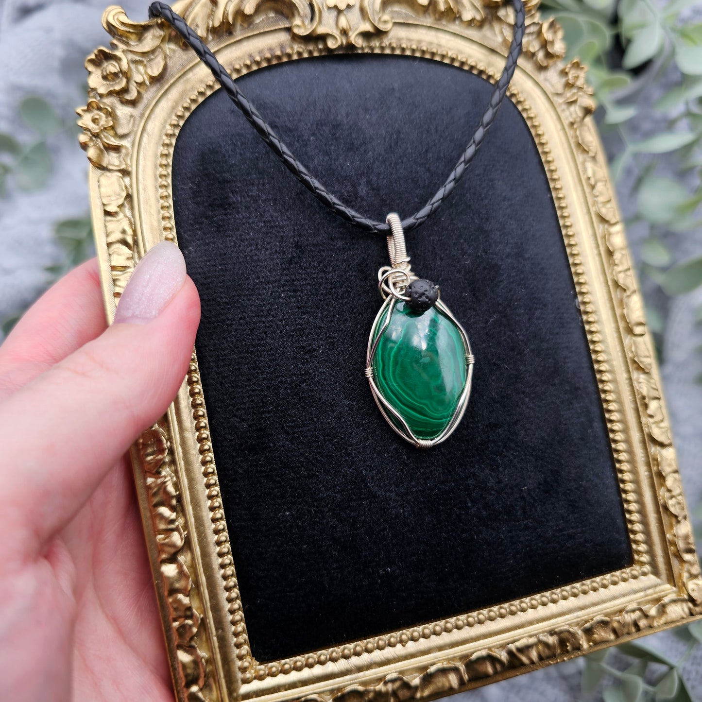 Malachite & Lava Pendant | 925 Silver | Gemstone Necklace