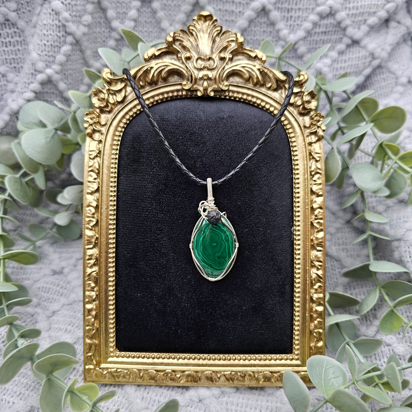Malachite & Lava Pendant | 925 Silver | Gemstone Necklace