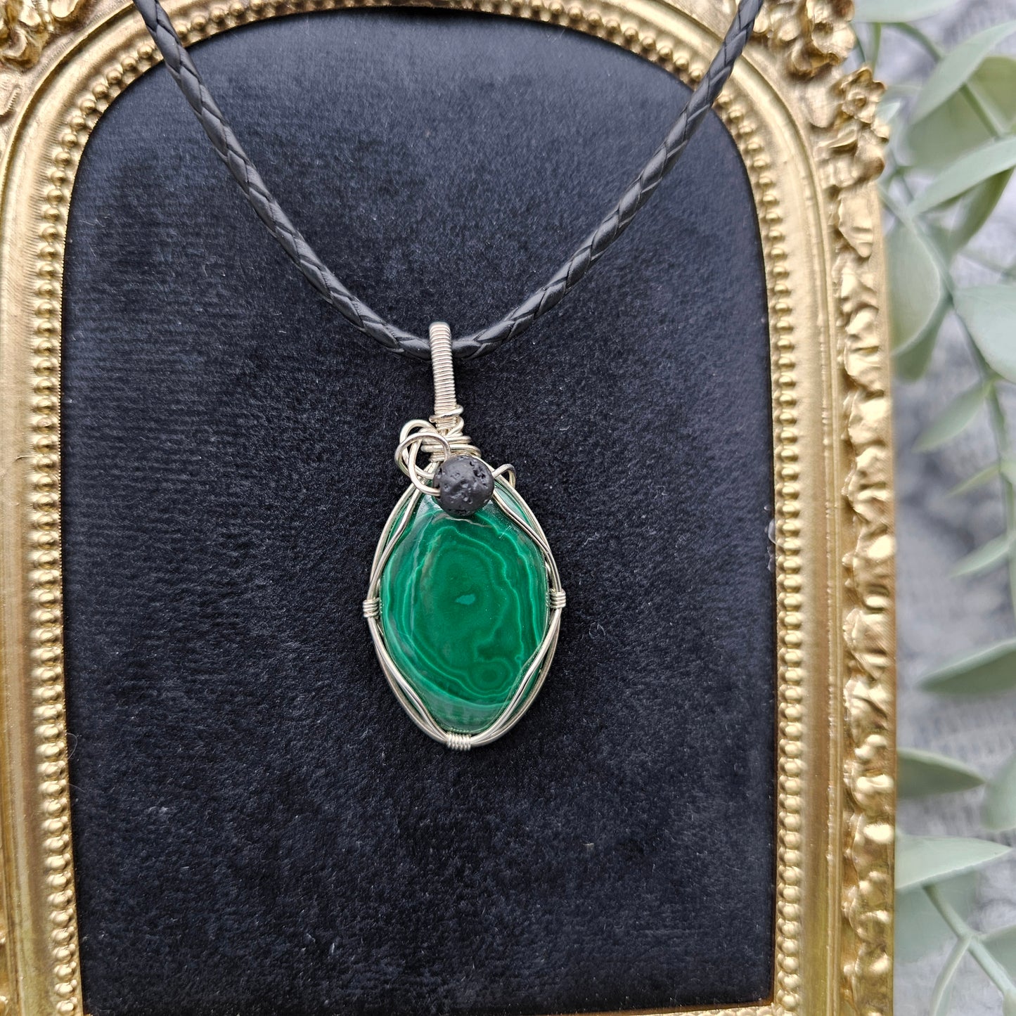 Malachite & Lava Pendant | 925 Silver | Gemstone Necklace