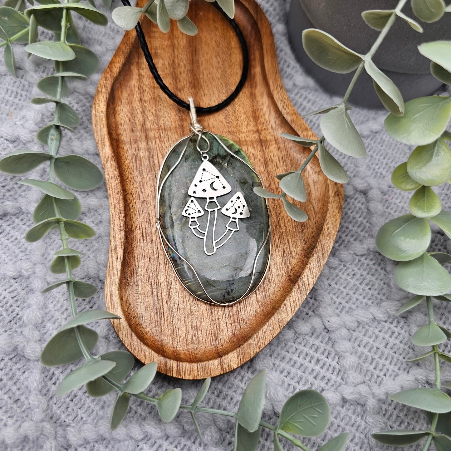 Labradorit & Pilze Anhänger | 925er Silber | Edelstein Halskette