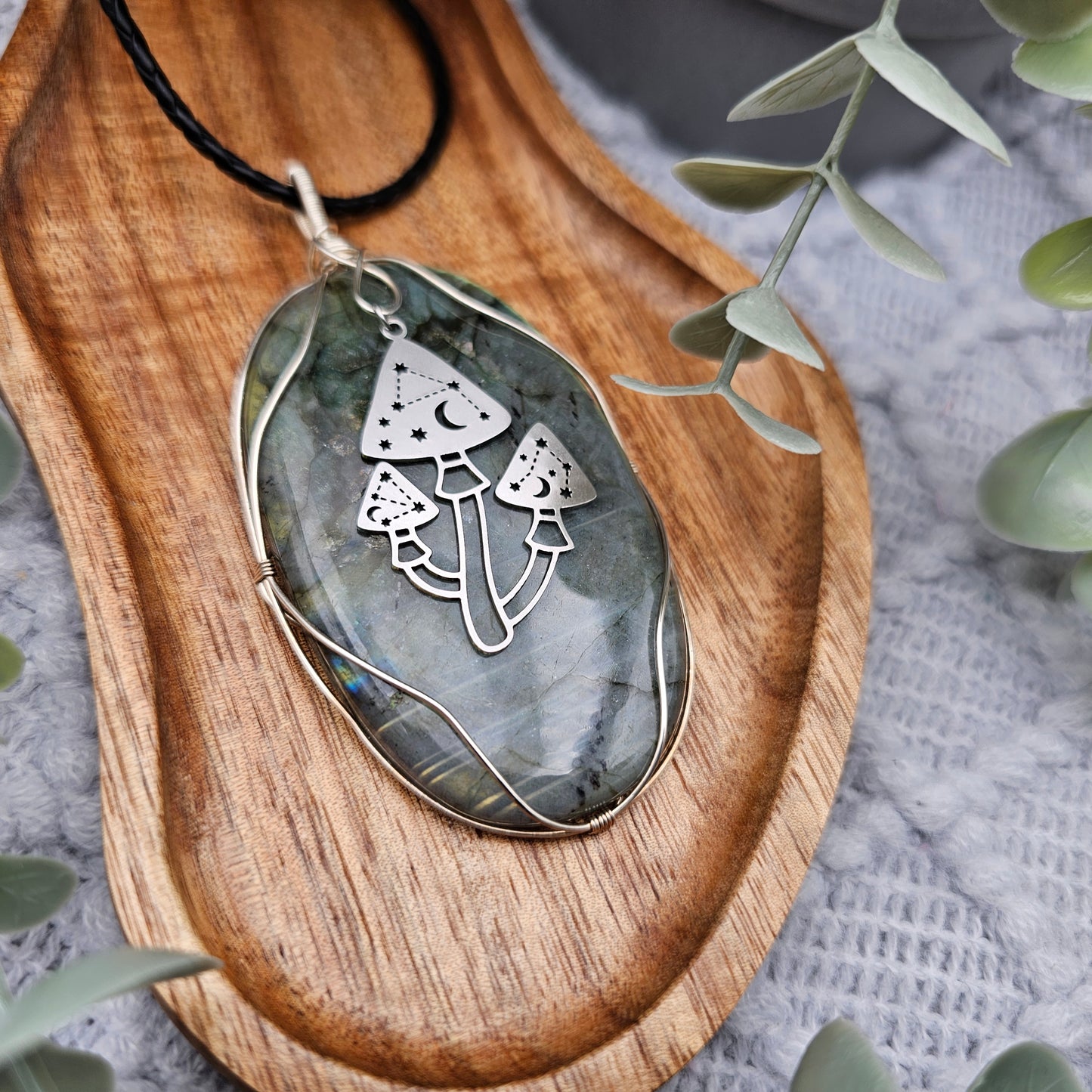 Labradorit & Pilze Anhänger | 925er Silber | Edelstein Halskette