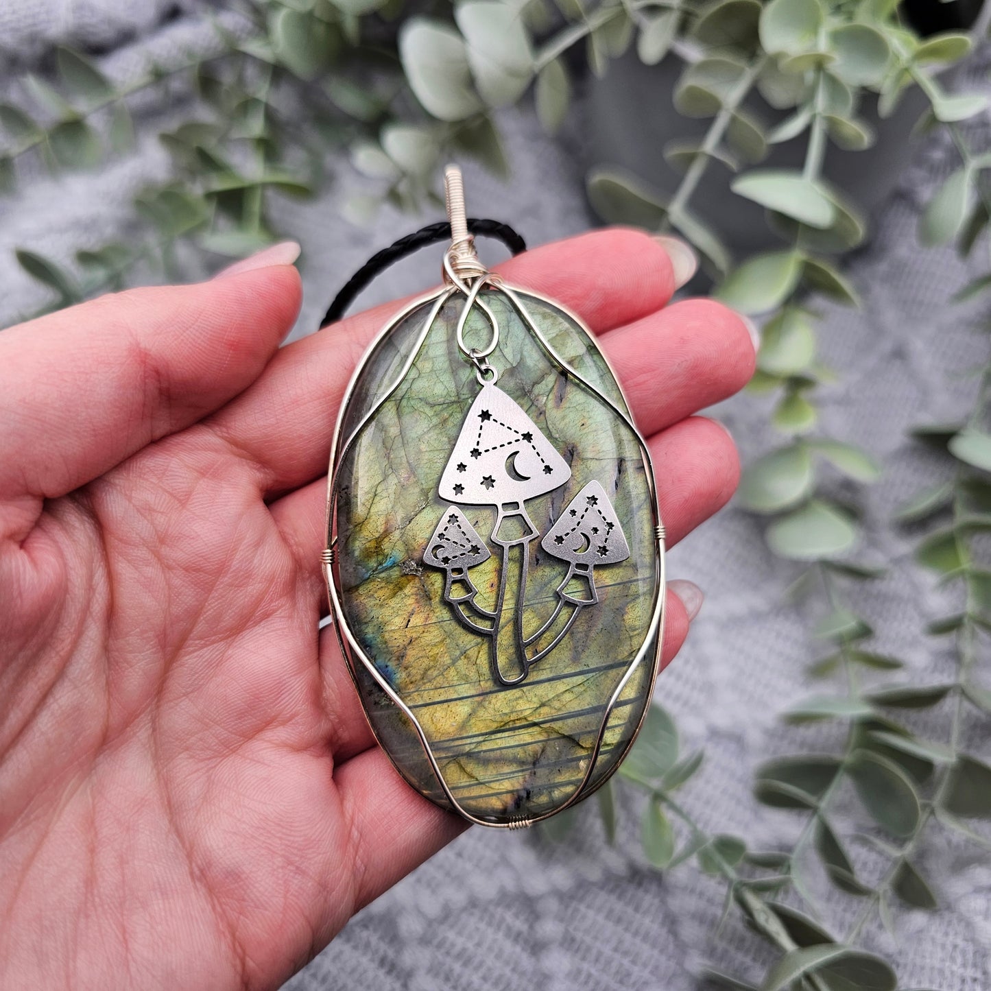 Labradorit & Pilze Anhänger | 925er Silber | Edelstein Halskette