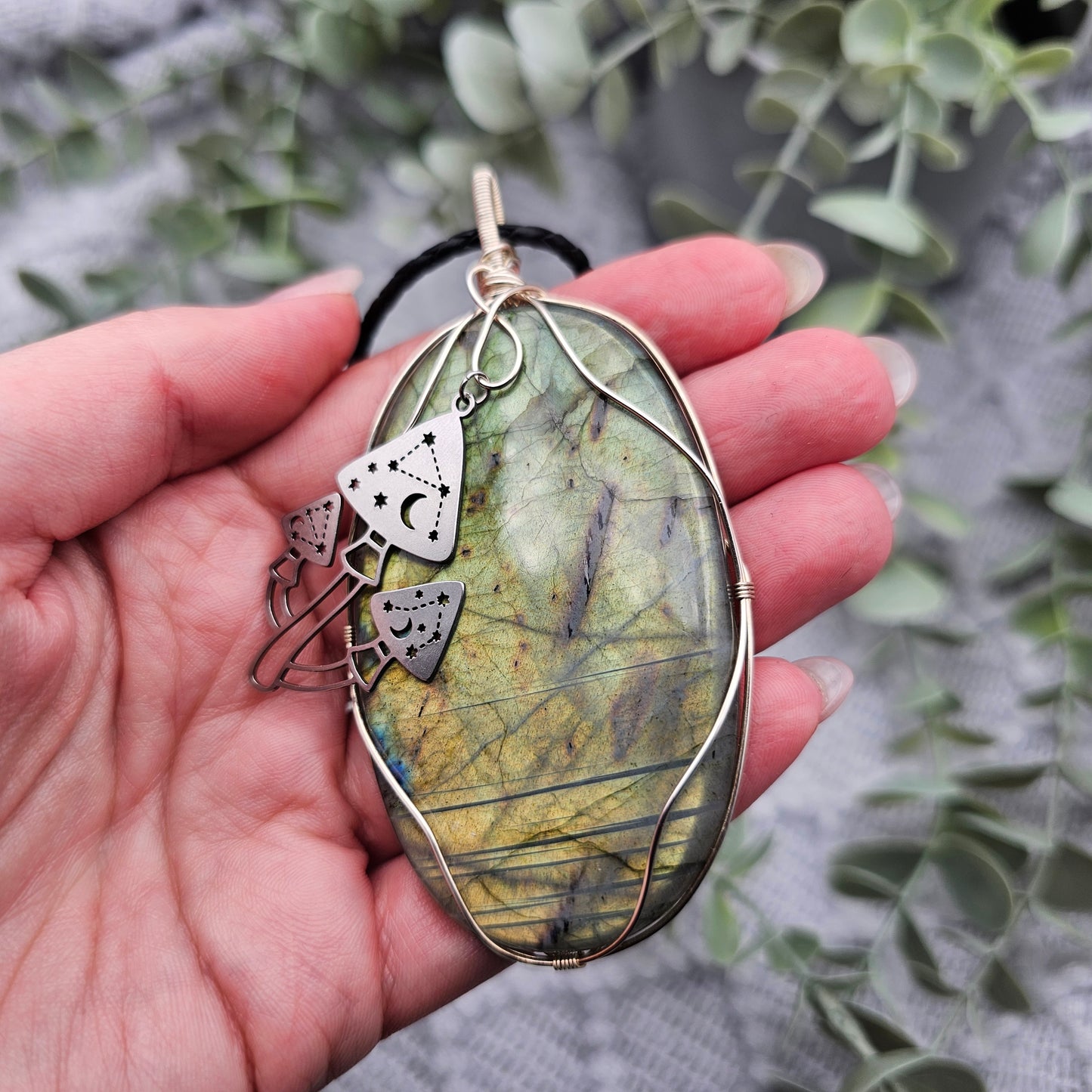 Labradorit & Pilze Anhänger | 925er Silber | Edelstein Halskette